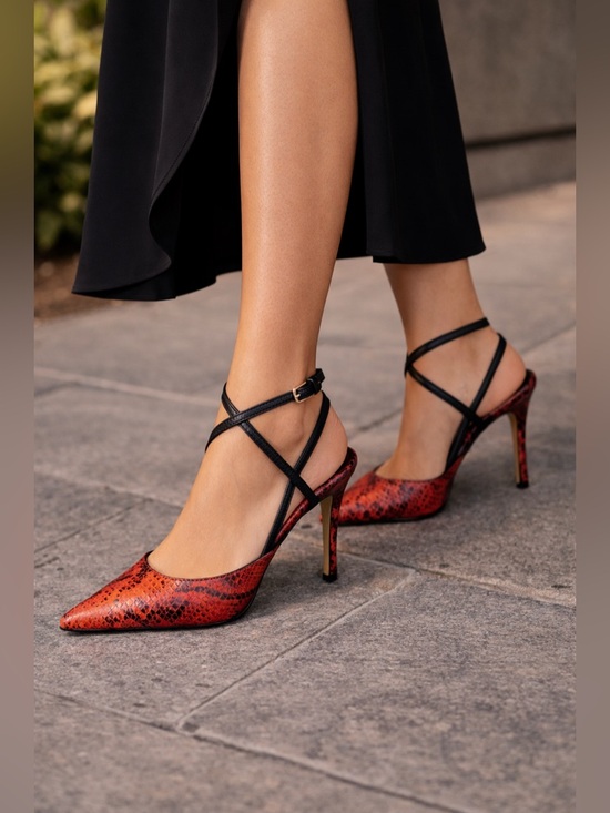 Laundry By Shelli Segal Shoes - Laundry By Shelli Segal Red Snakeskin Crisscross Ankle-Strap Pumps